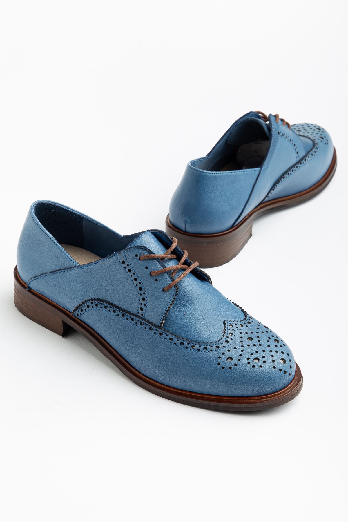 Kadın Mavi Hakiki Deri Bağcıklı Loafer Ayakkabı  