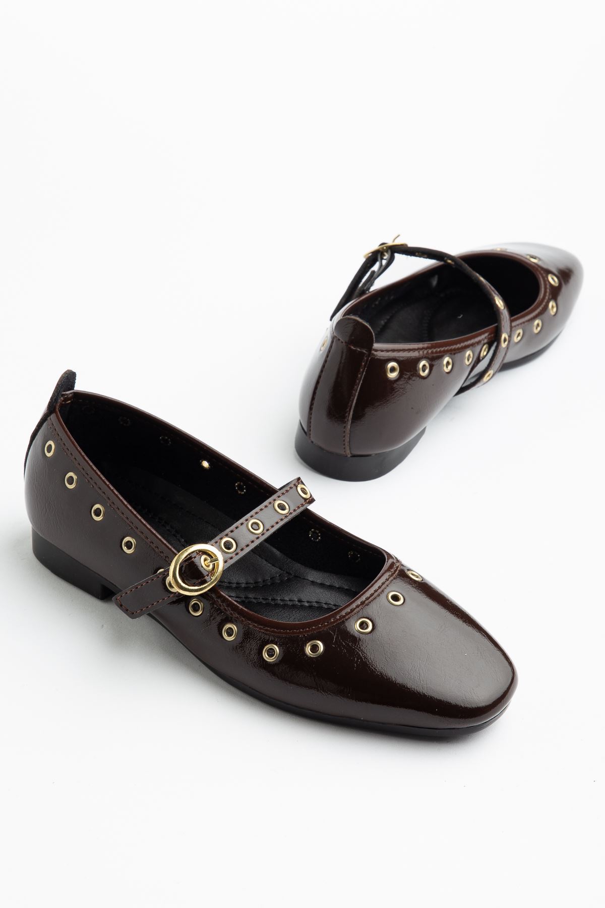 Kadın Acı Kahve Rugan Gold Detaylı Baretli Babet    