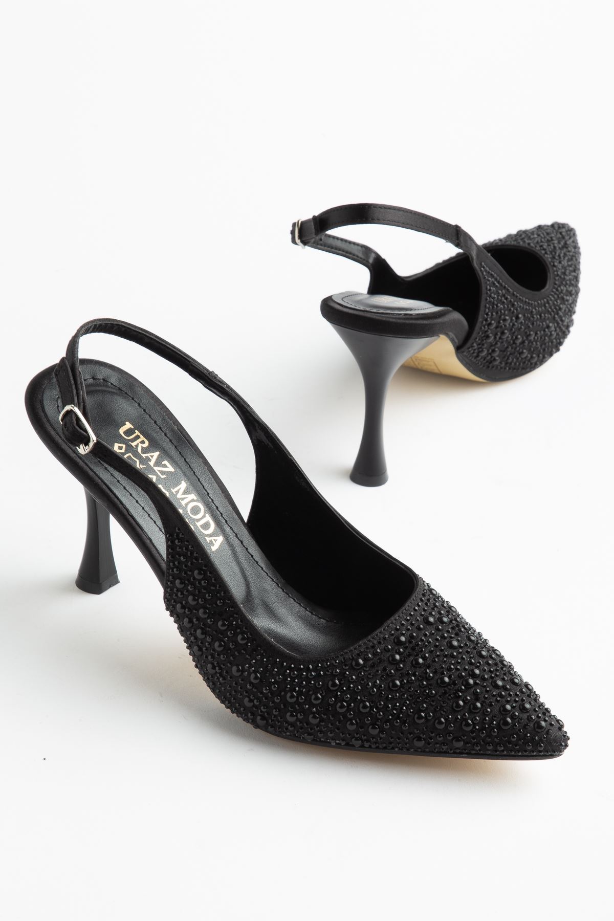 Blush Kadın Siyah Saten İnci Detaylı Abiye Topuklu Kadın Ayakkabı 