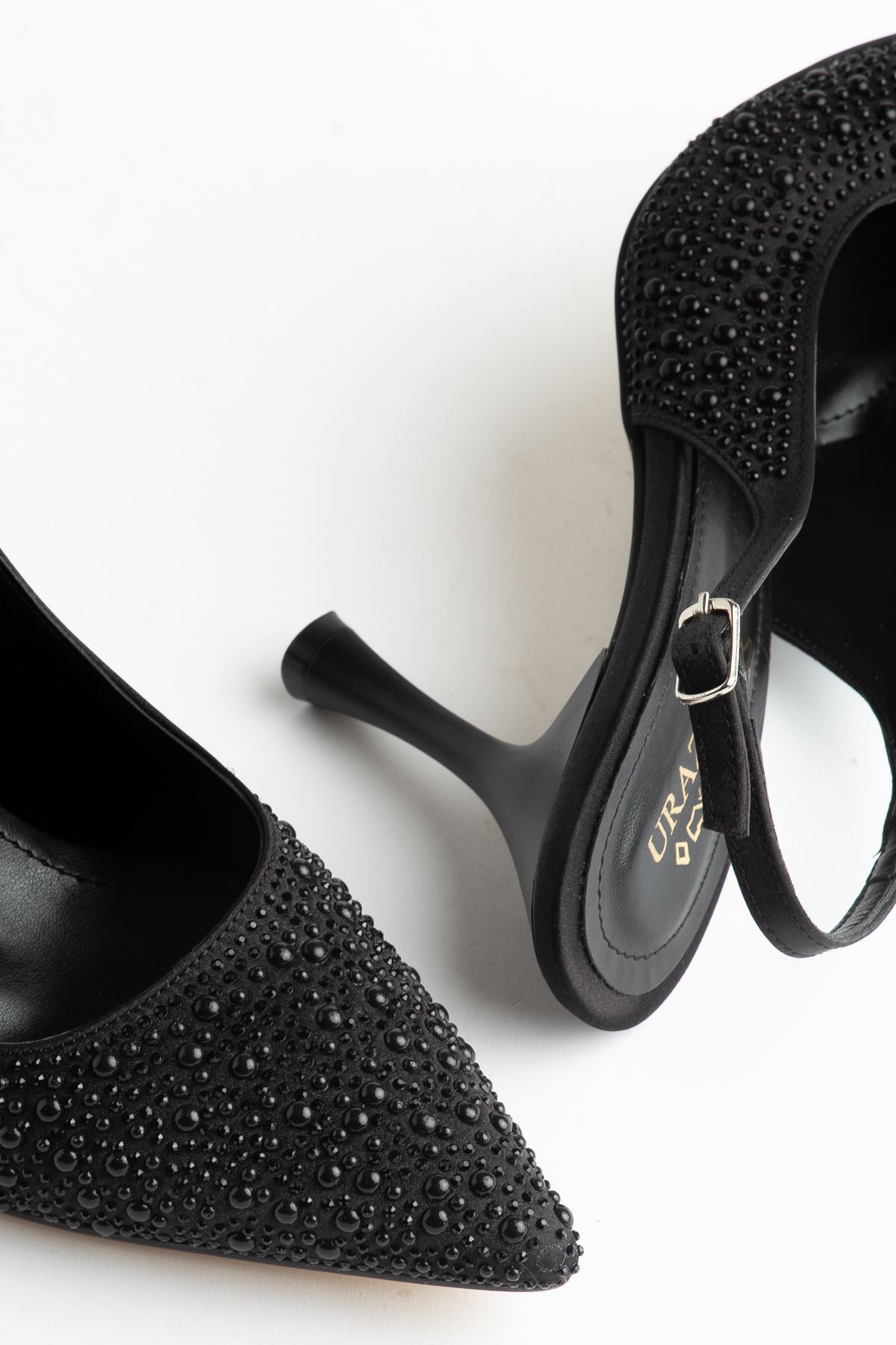 Blush Kadın Siyah Saten İnci Detaylı Abiye Topuklu Kadın Ayakkabı 