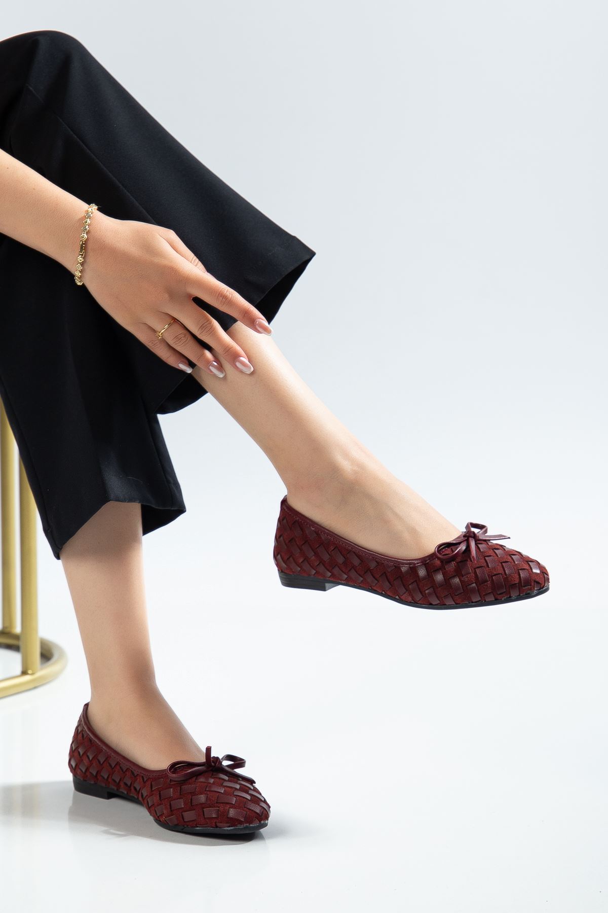 Bero Kadın Bordo El Örgüsü Fiyonklu Ortopedik Babet 