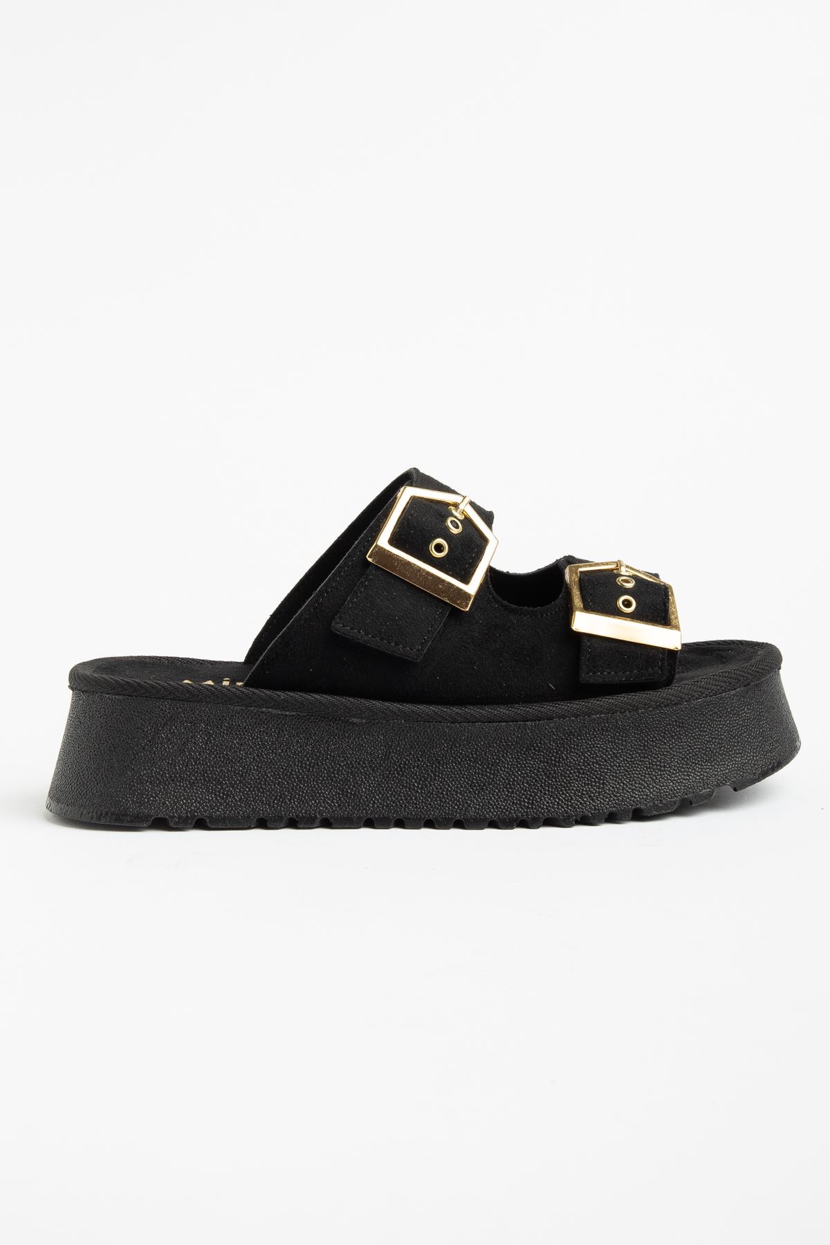 Kadın Siyah Süet Yüksek Poli Taban Çift Tokalı Terlik