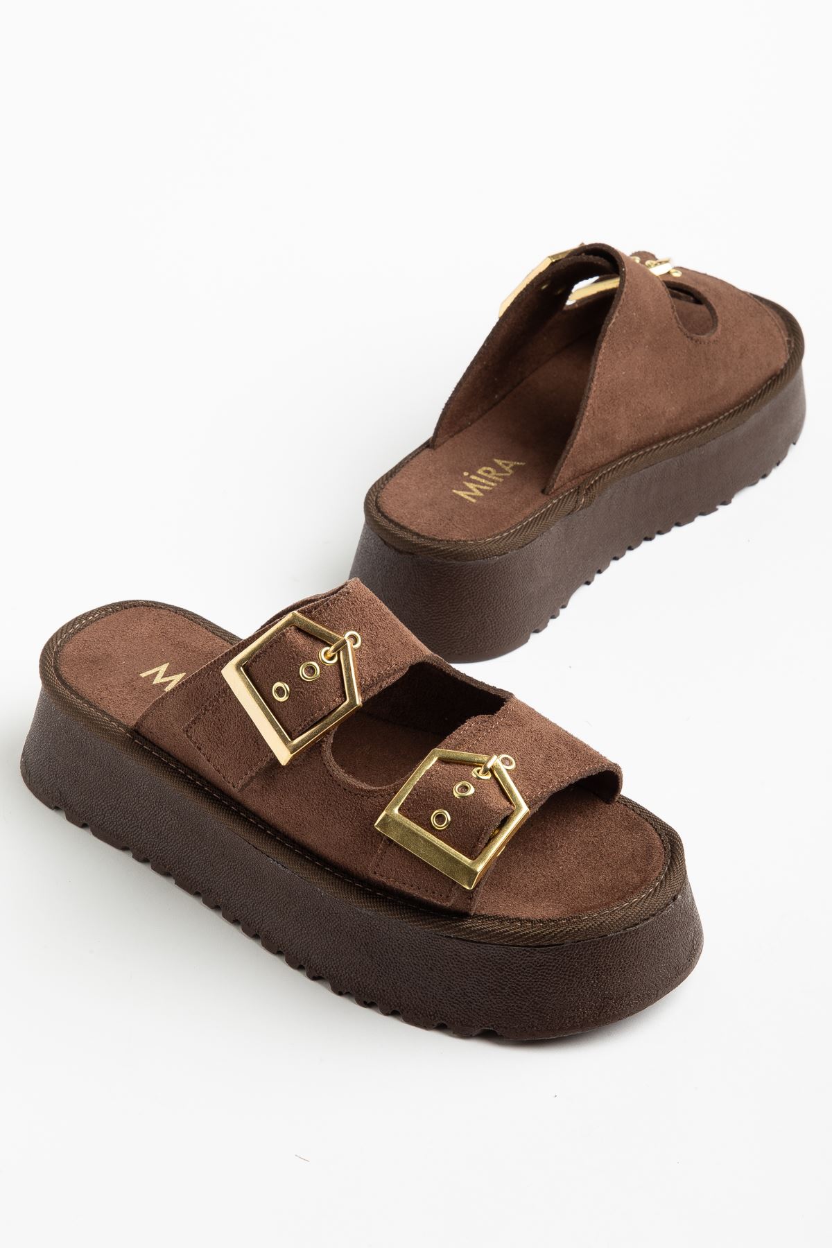 Kadın Kahverengi Süet Yüksek Poli Taban Çift Tokalı Terlik  