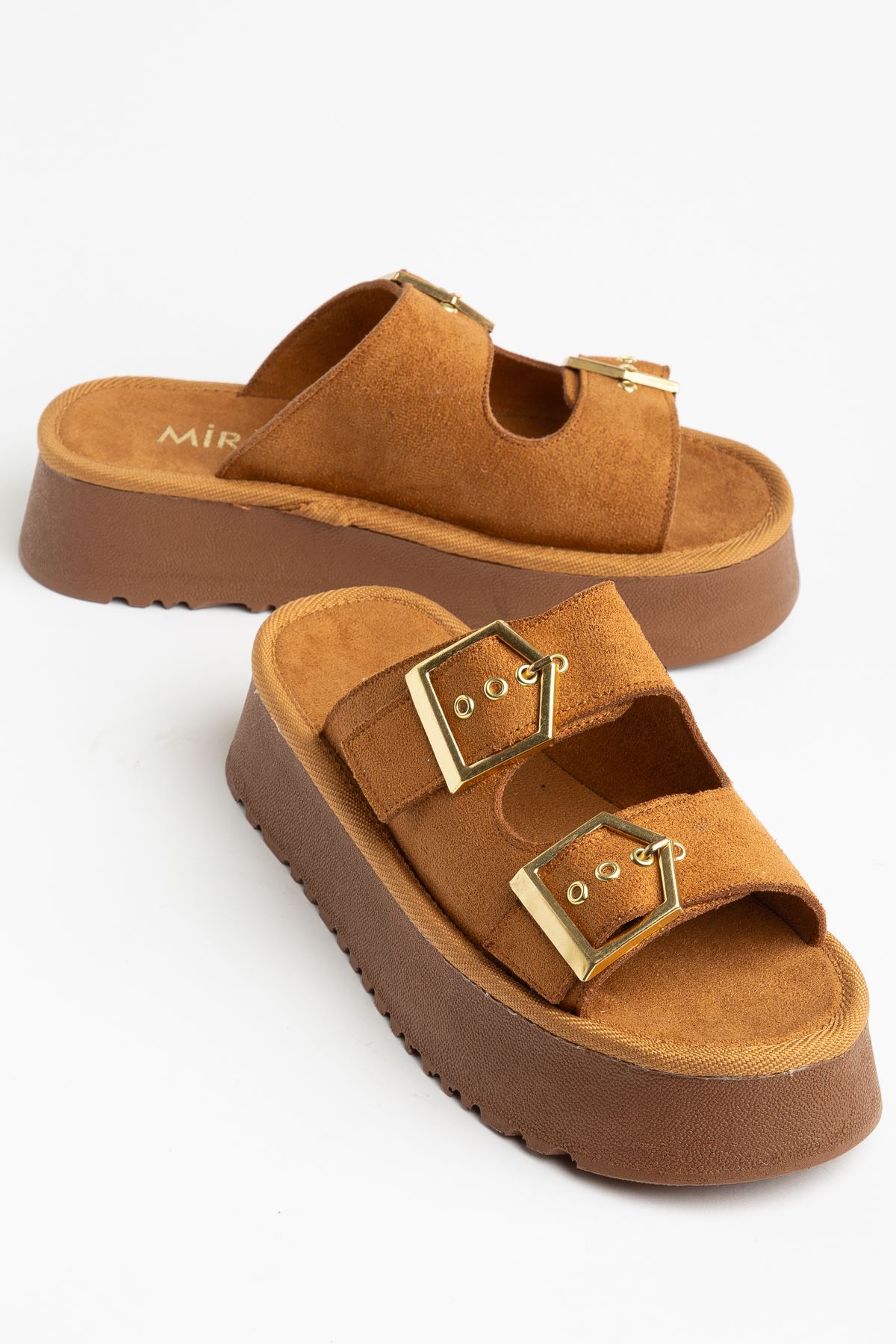 Kadın Taba Süet Yüksek Poli Taban Çift Tokalı Terlik  