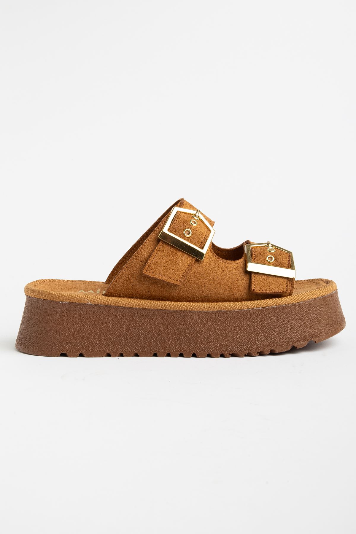 Kadın Taba Süet Yüksek Poli Taban Çift Tokalı Terlik  