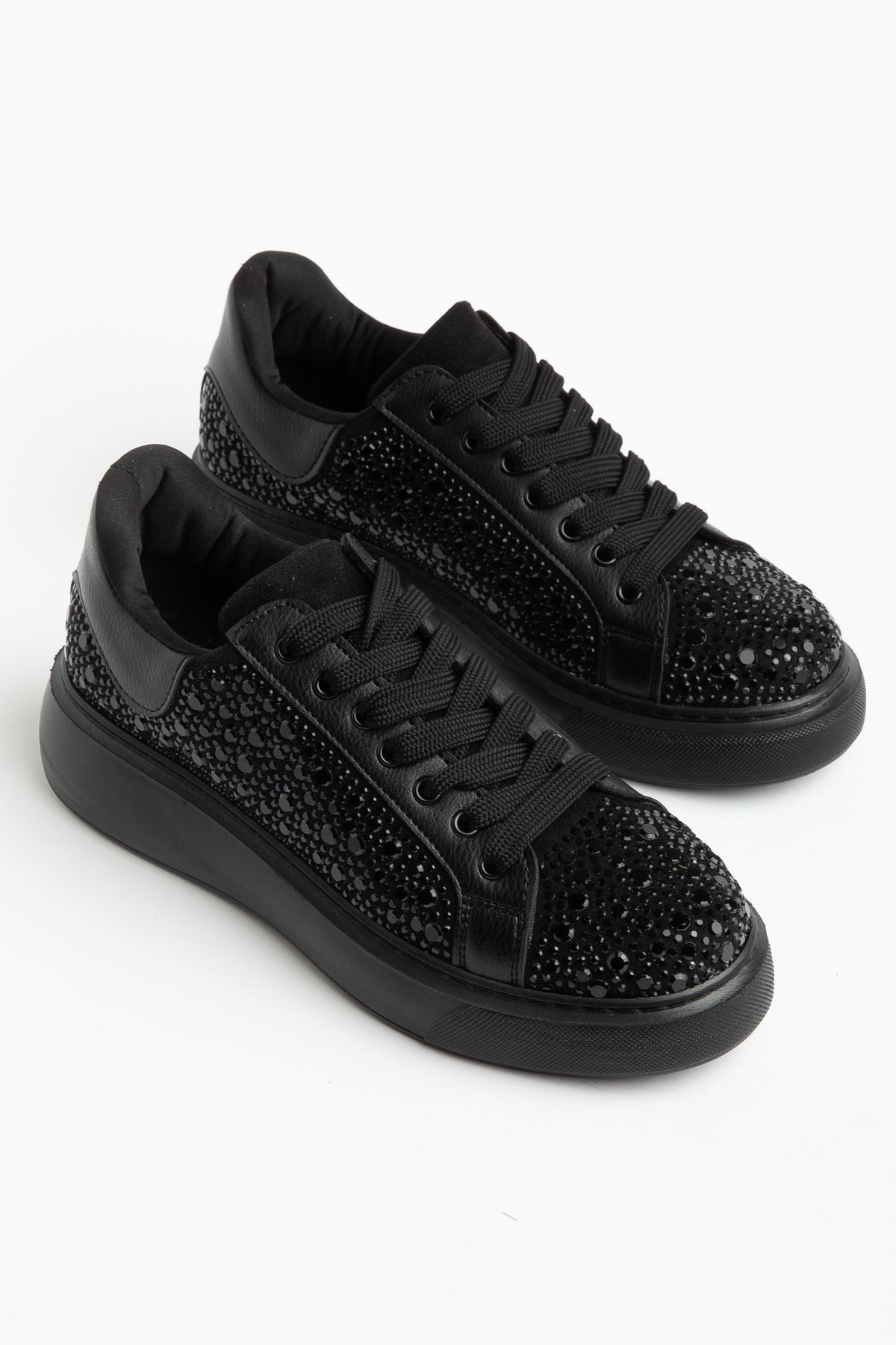Romee Kadın Siyah Cilt Taşlı Spor Ayakkabı  