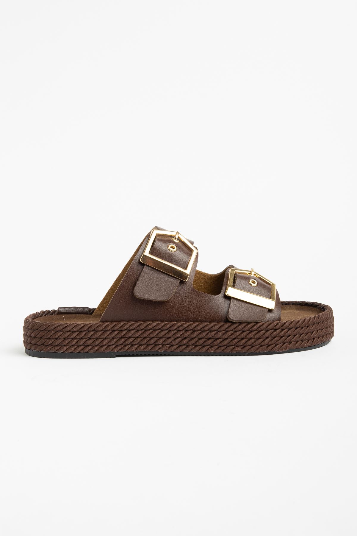 Kadın Kahverengi Rahat Kalıp Yüksek Taban Tokalı Terlik 