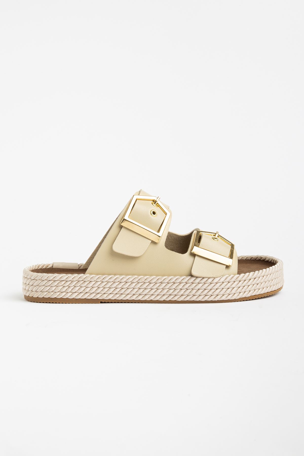 Kadın Bej Rahat Kalıp Yüksek Taban Tokalı Terlik  