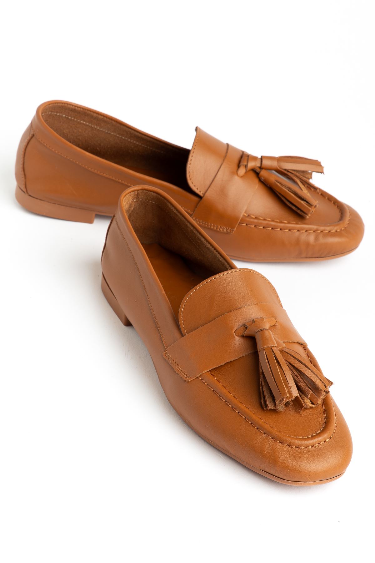 Mono Taba Hakiki Deri Püskül Detay Düz Taban Kadın Babet  