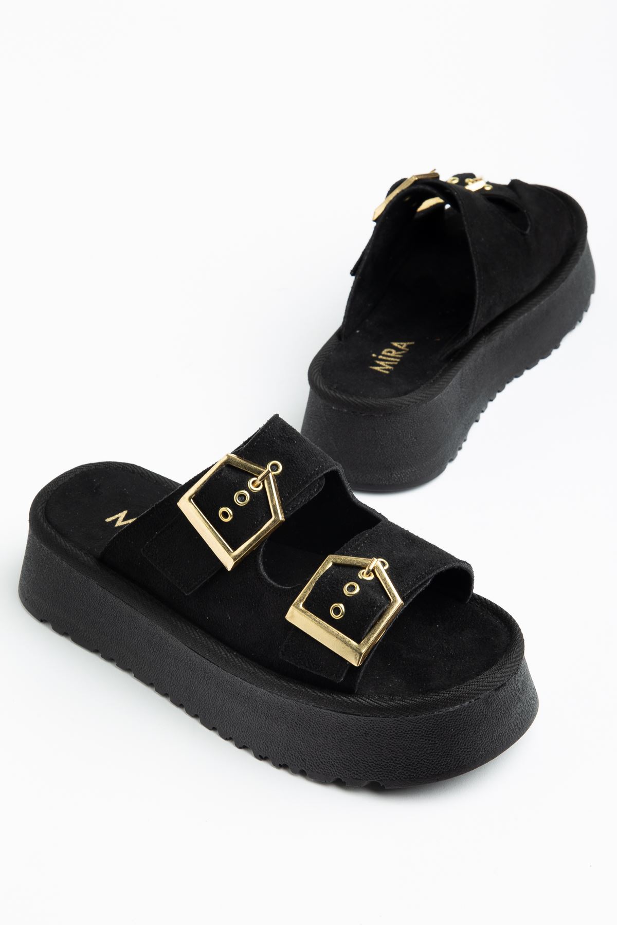 Kadın Siyah Süet Yüksek Poli Taban Çift Tokalı Terlik