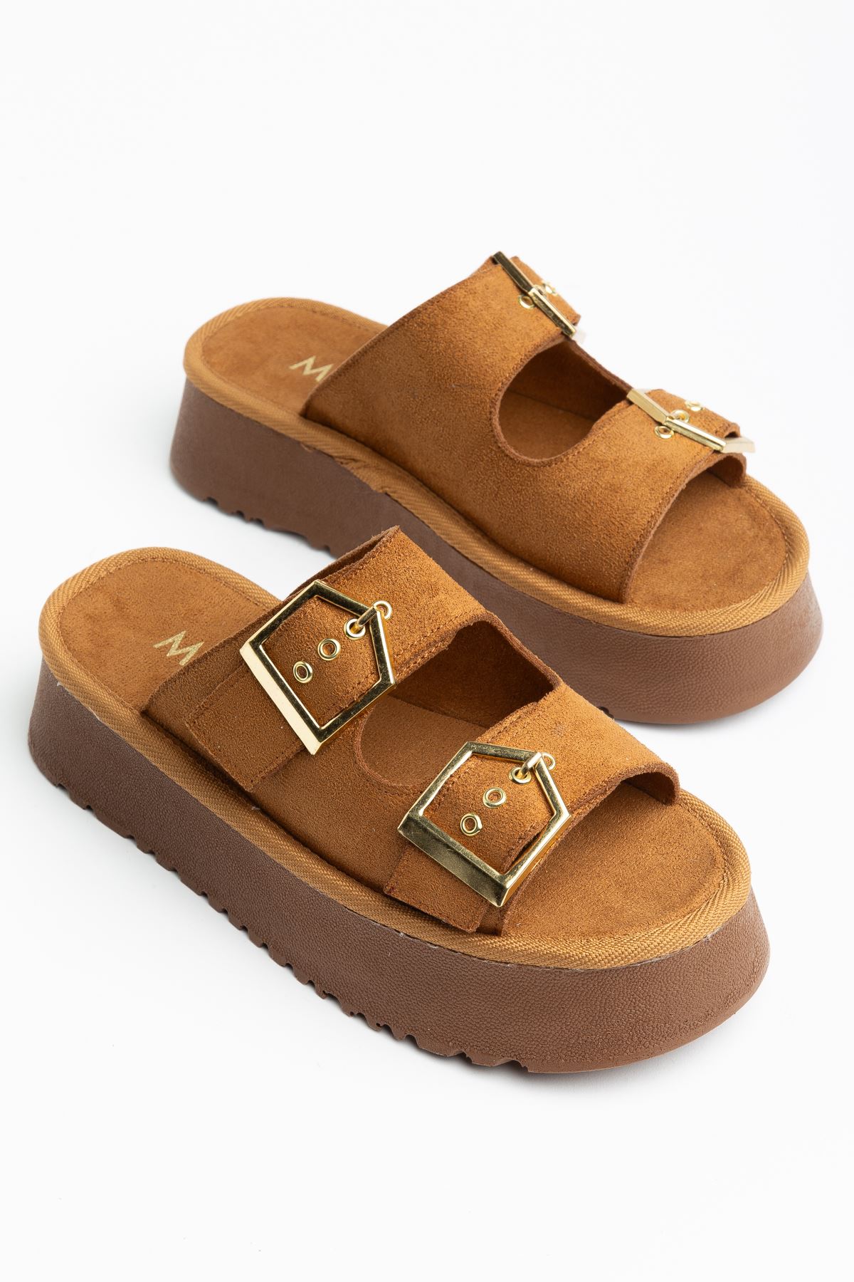 Kadın Taba Süet Yüksek Poli Taban Çift Tokalı Terlik  