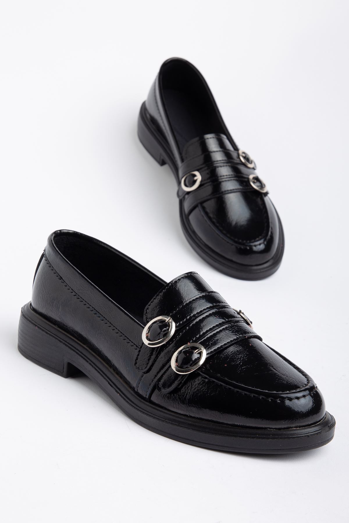Kadın Siyah Rugan 3 Tokalı Loafer Ayakkabı  