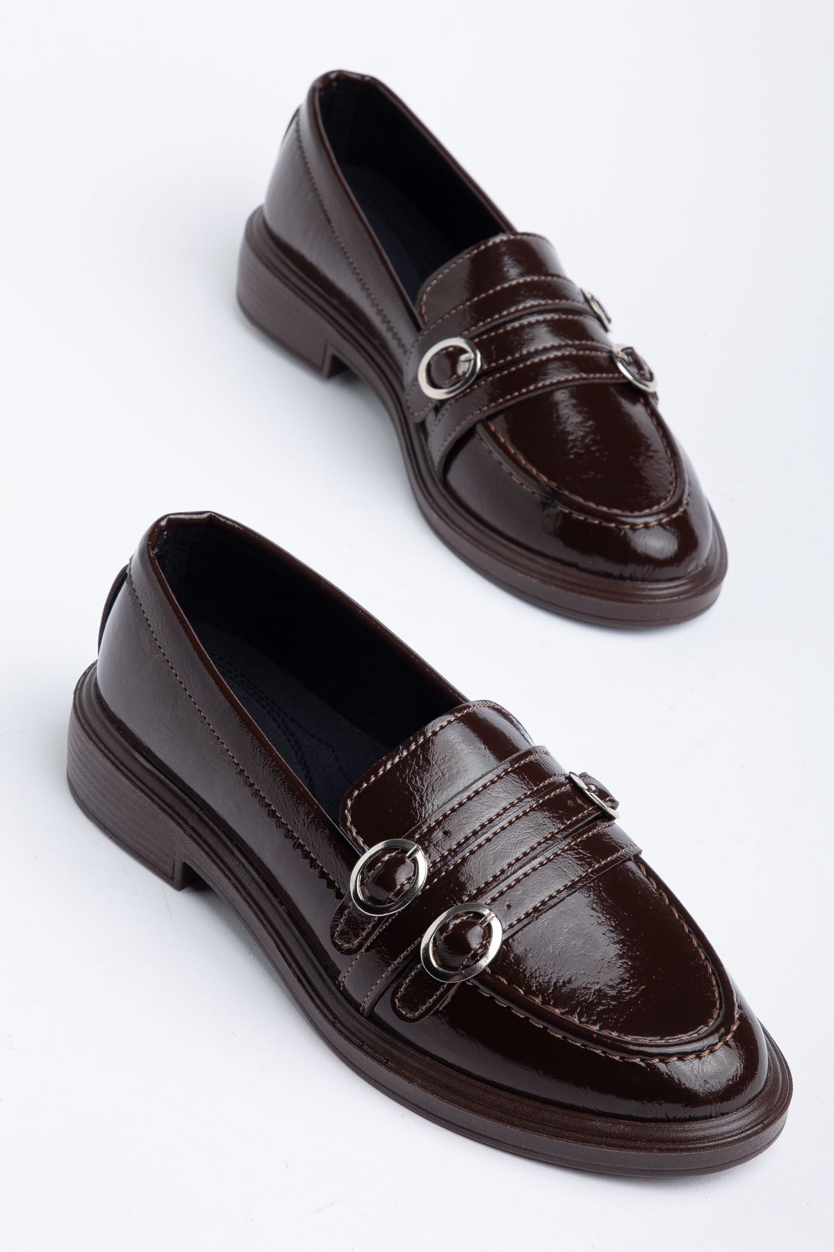 Kadın Acı Kahve Rugan 3 Tokalı Loafer Ayakkabı   