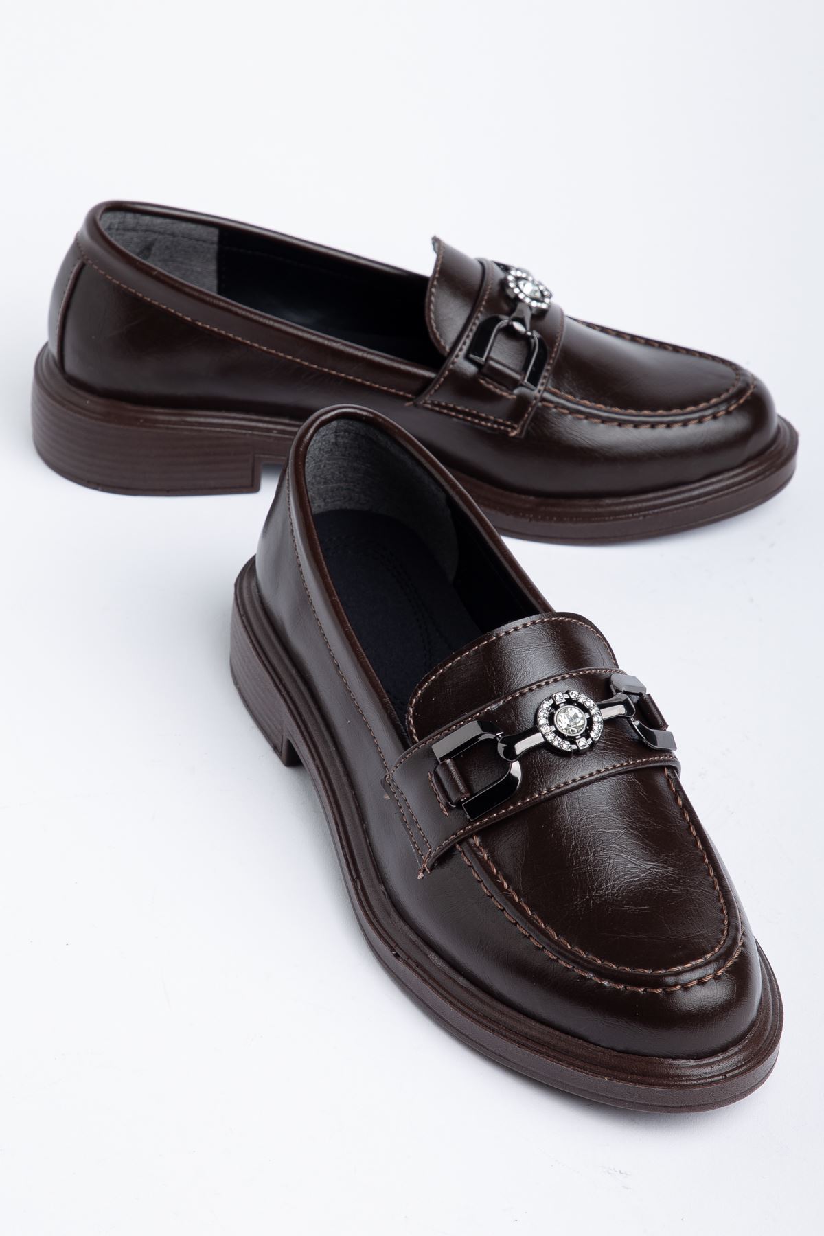 Naty Rome Kahverengi Rugan Toka Detay Kadın Loafer Ayakkabı