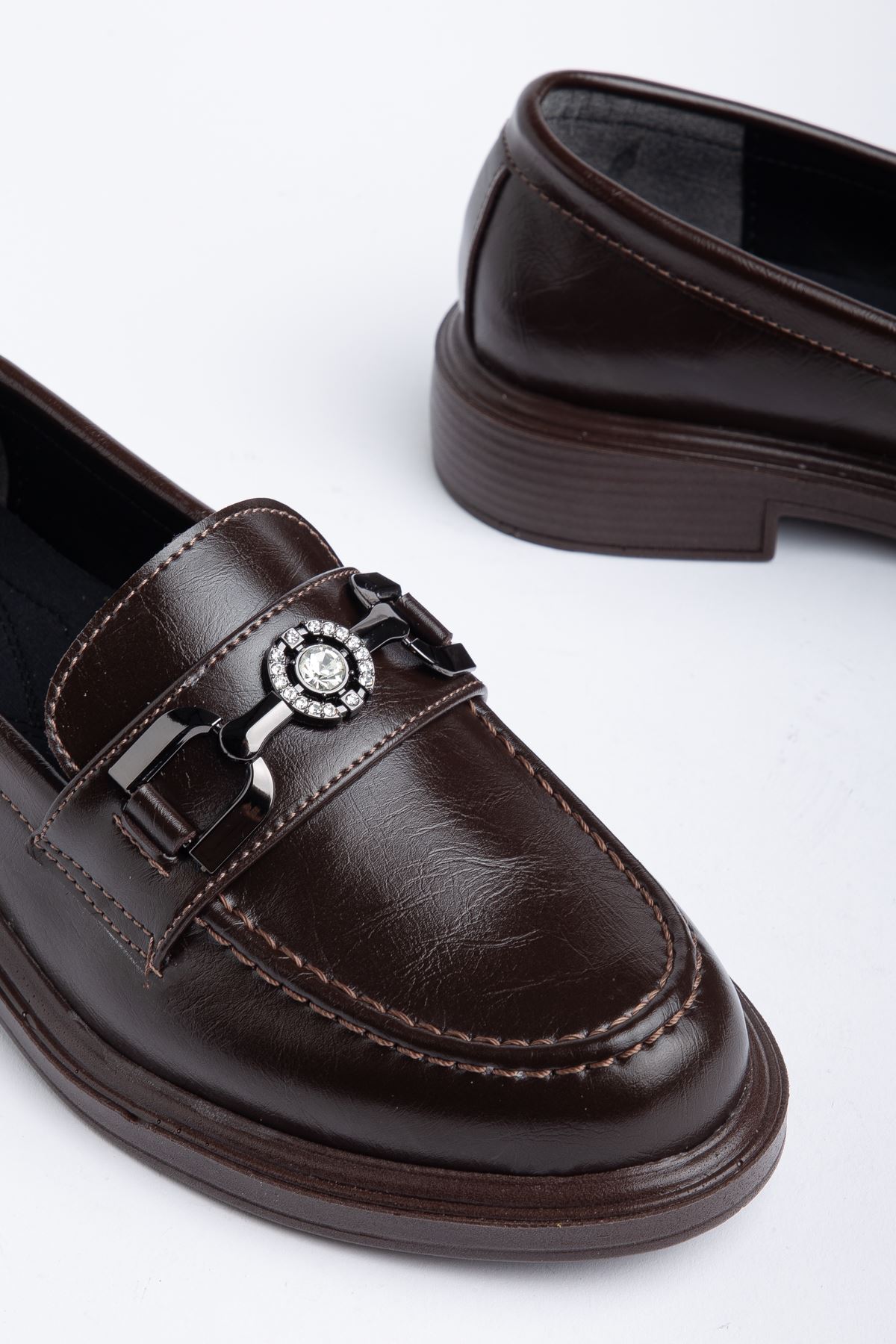 Naty Rome Kahverengi Rugan Toka Detay Kadın Loafer Ayakkabı