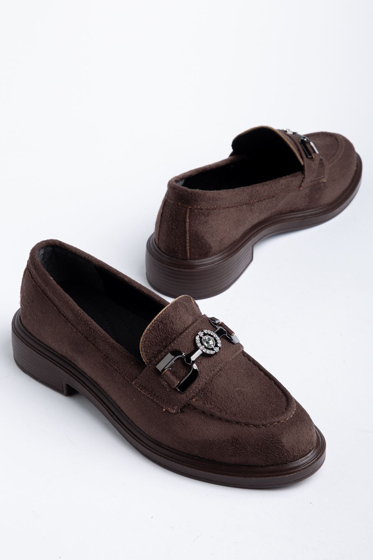Naty Rome Kahverengi Süet Toka Detay Kadın Loafer Ayakkabı