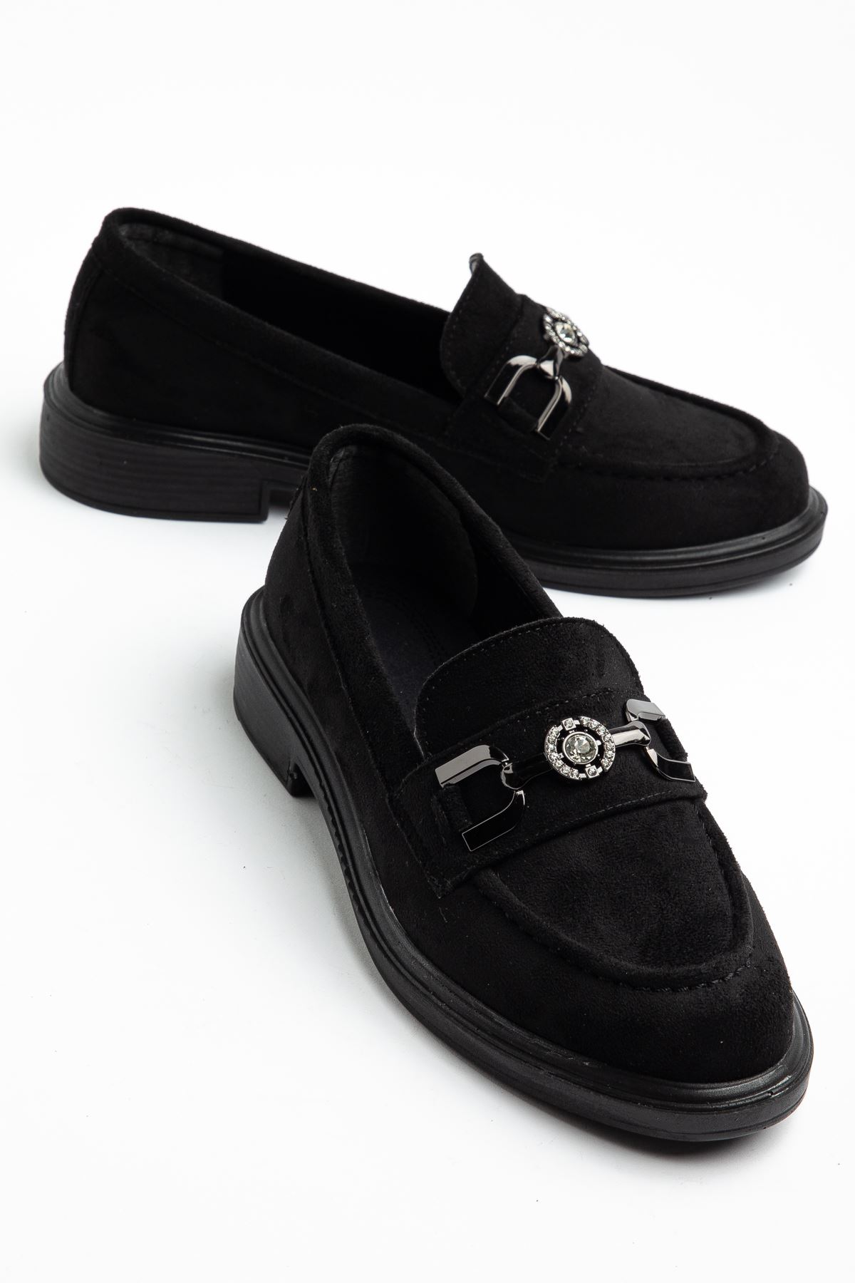 Naty Rome Siyah Süet Toka Detay Kadın Loafer Ayakkabı 