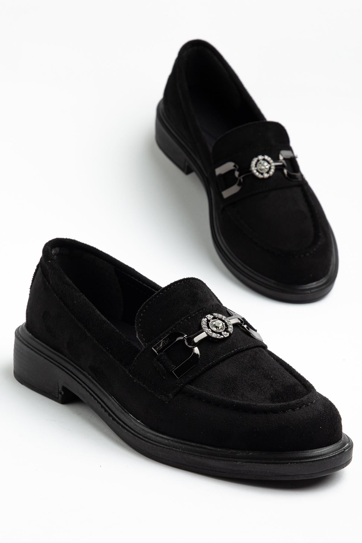 Naty Rome Siyah Süet Toka Detay Kadın Loafer Ayakkabı 