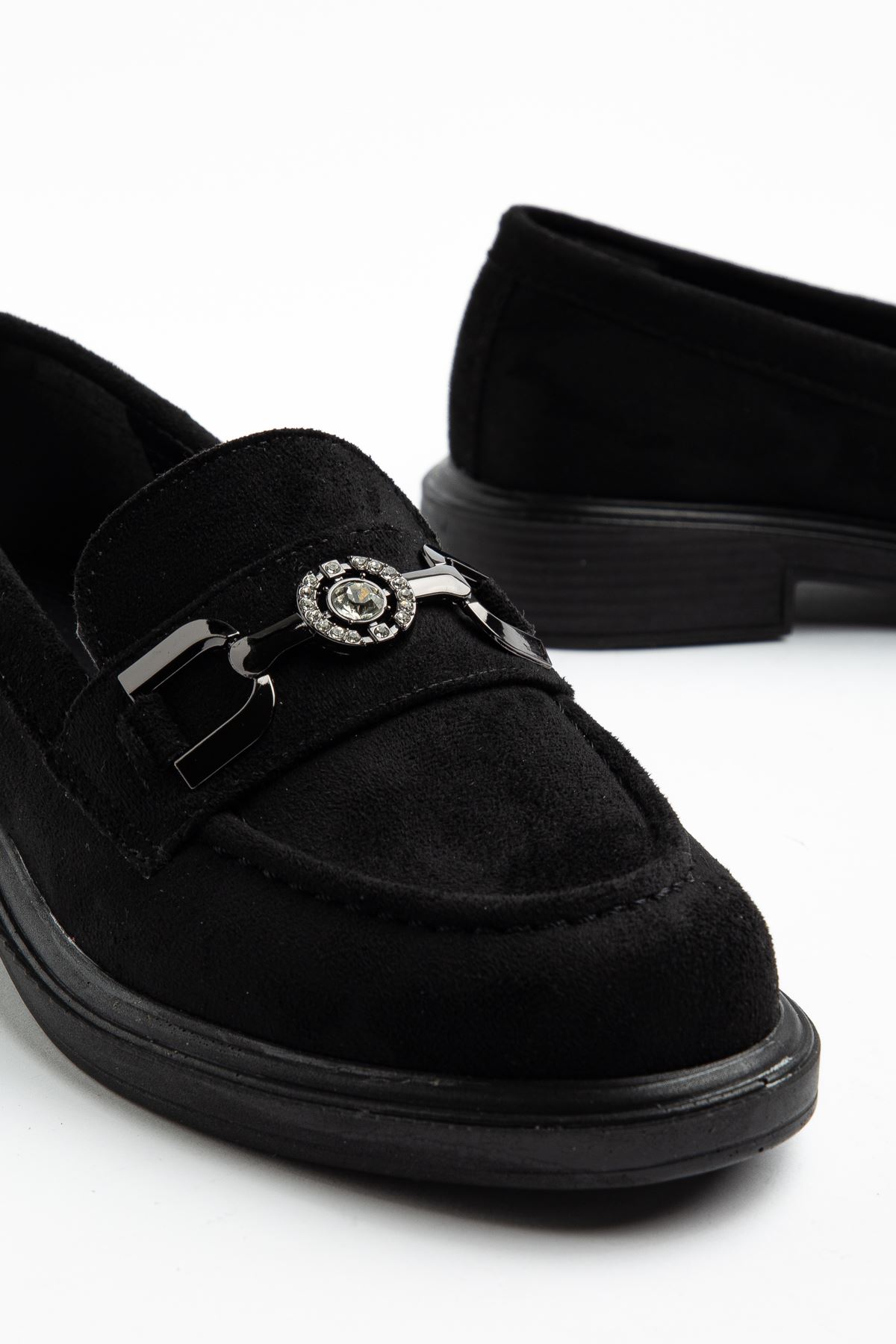 Naty Rome Siyah Süet Toka Detay Kadın Loafer Ayakkabı 