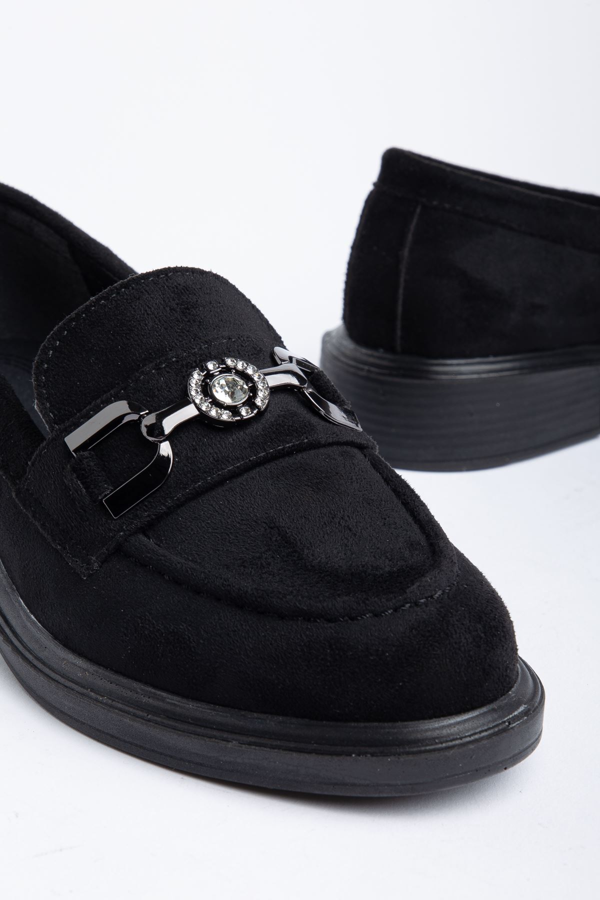 Naty Rome Siyah Süet Toka Detay Kadın Loafer Ayakkabı 