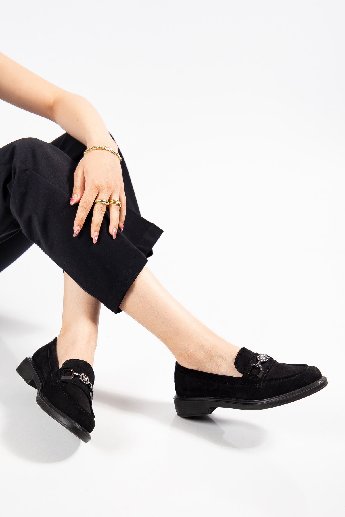 Naty Rome Siyah Süet Toka Detay Kadın Loafer Ayakkabı 