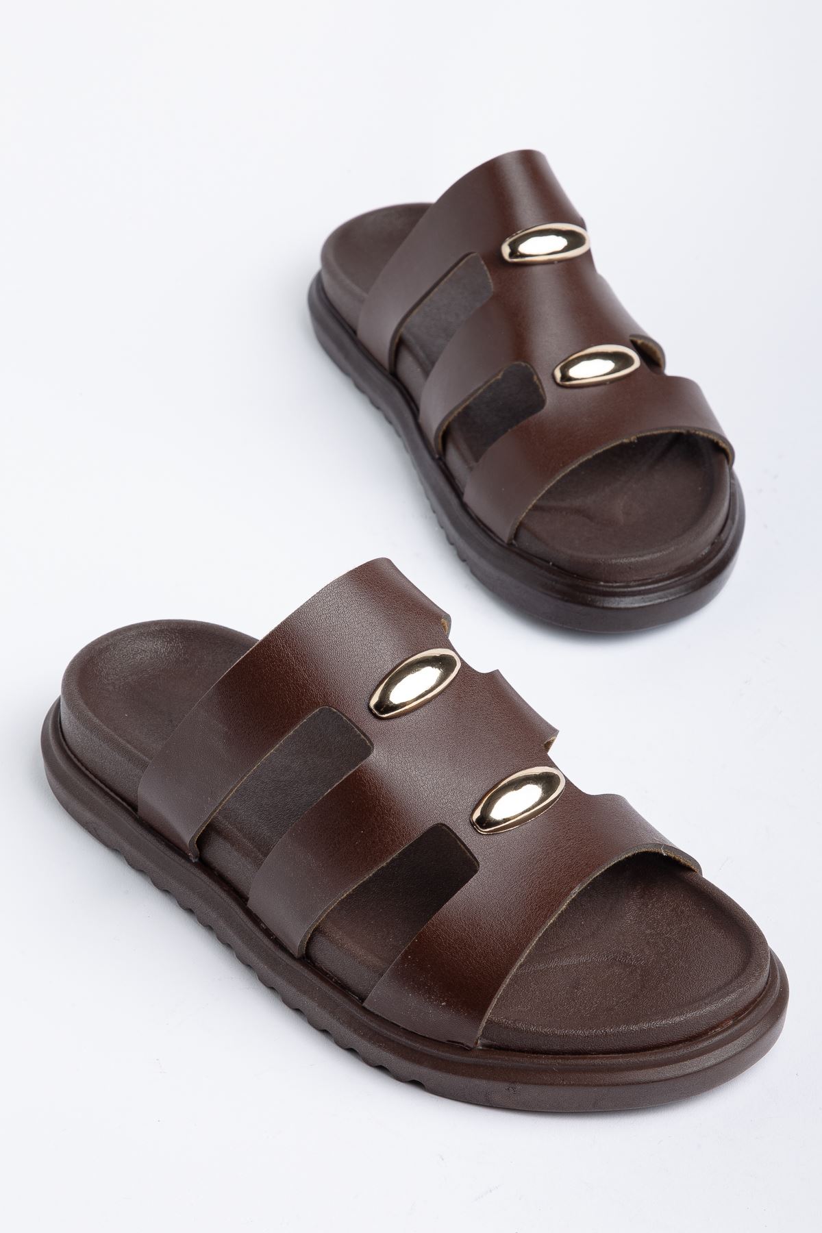 Hayal Kadın Kahverengi Cilt Gold Detaylı Poli Taban Terlik 