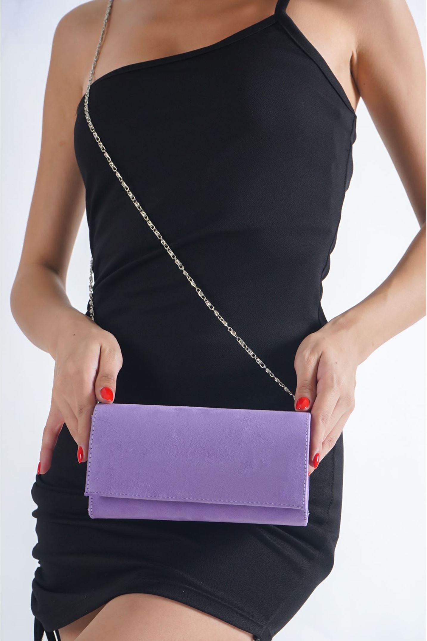 Focla Düz Kapak Lila Süet Kısa Kadın Omuz Çantası  