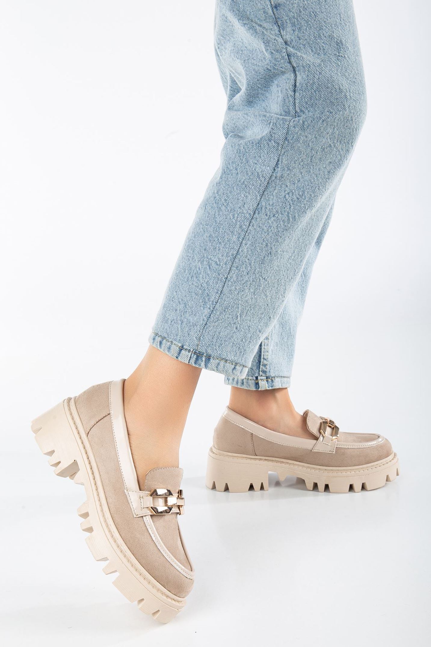 FONTO Krem Süet Oxford Kadın Ayakkabı