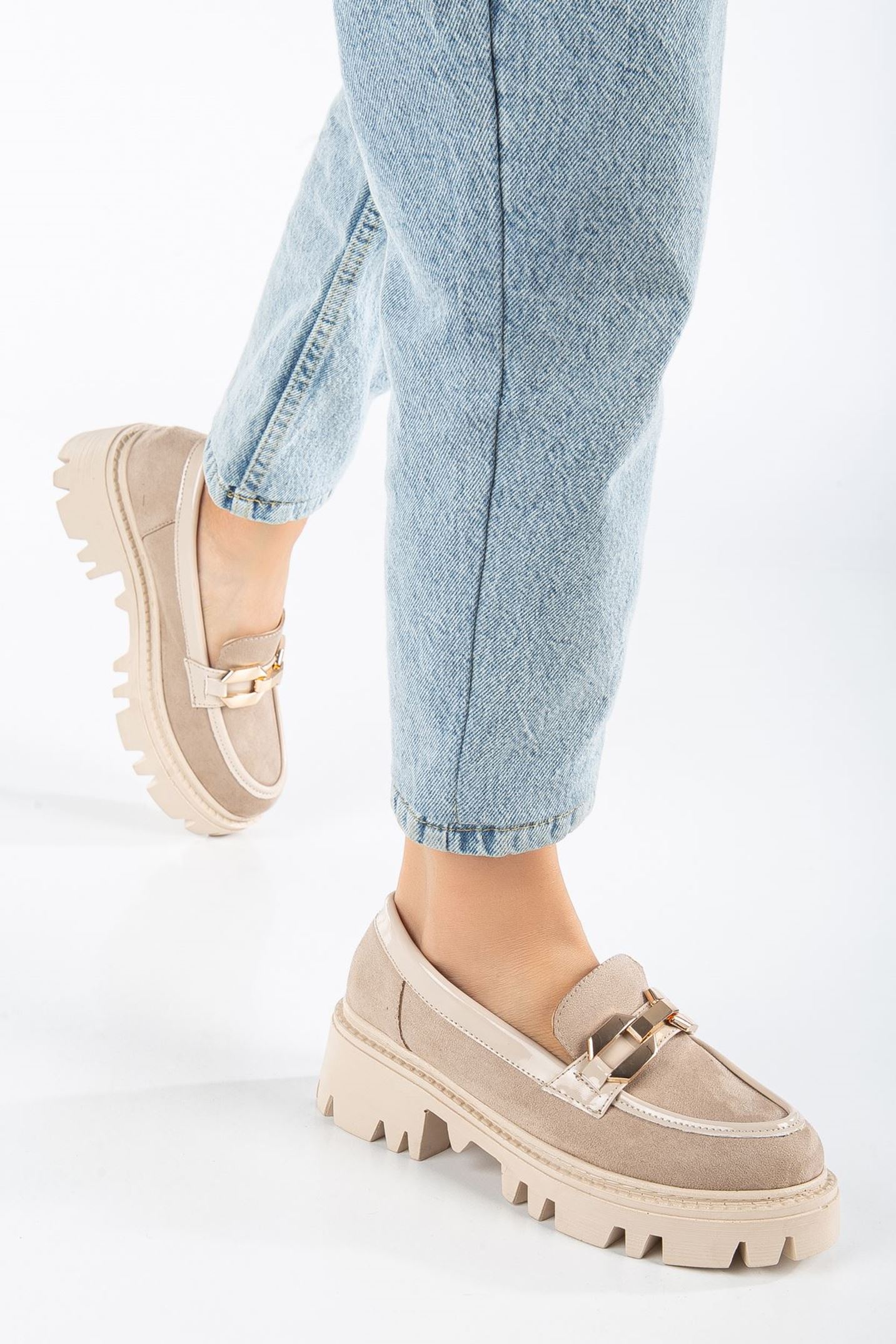 FONTO Krem Süet Oxford Kadın Ayakkabı