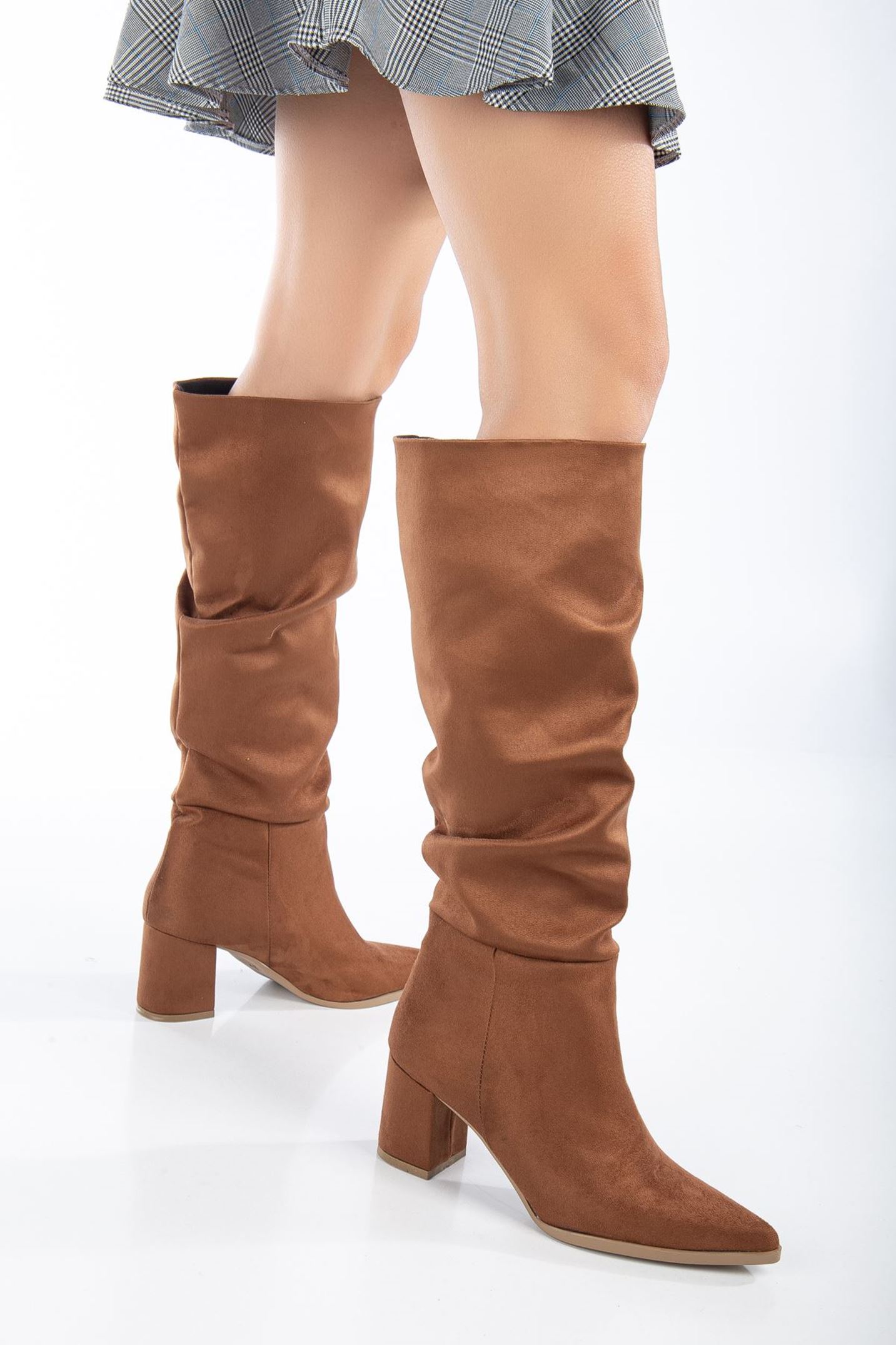 Kadın Taba Süet Körüklü Uzun Sivri Burunlu Topuklu Çizme