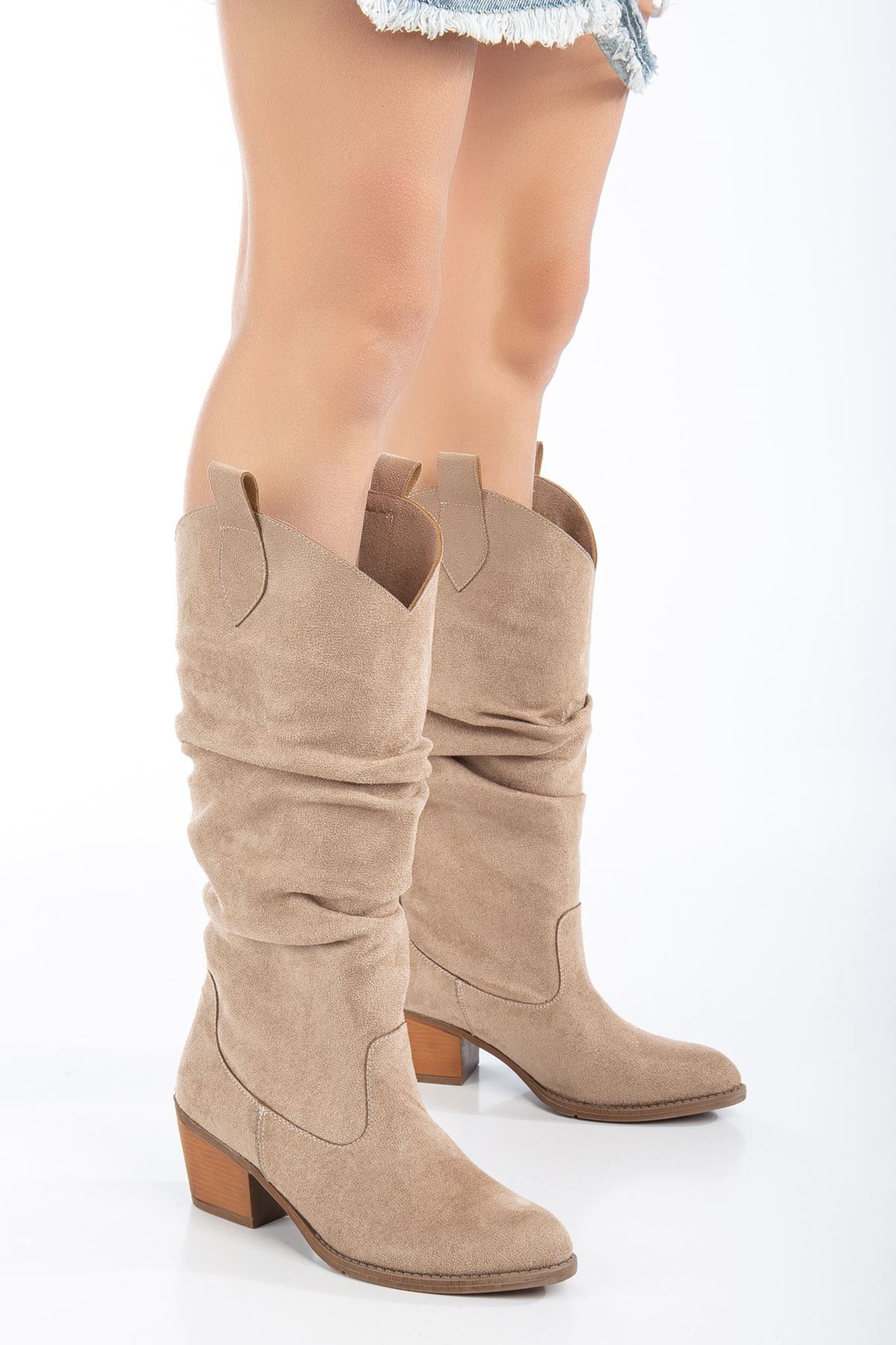 Rimaz Nude Süet Körüklü Topuklu Kadın Çizme 