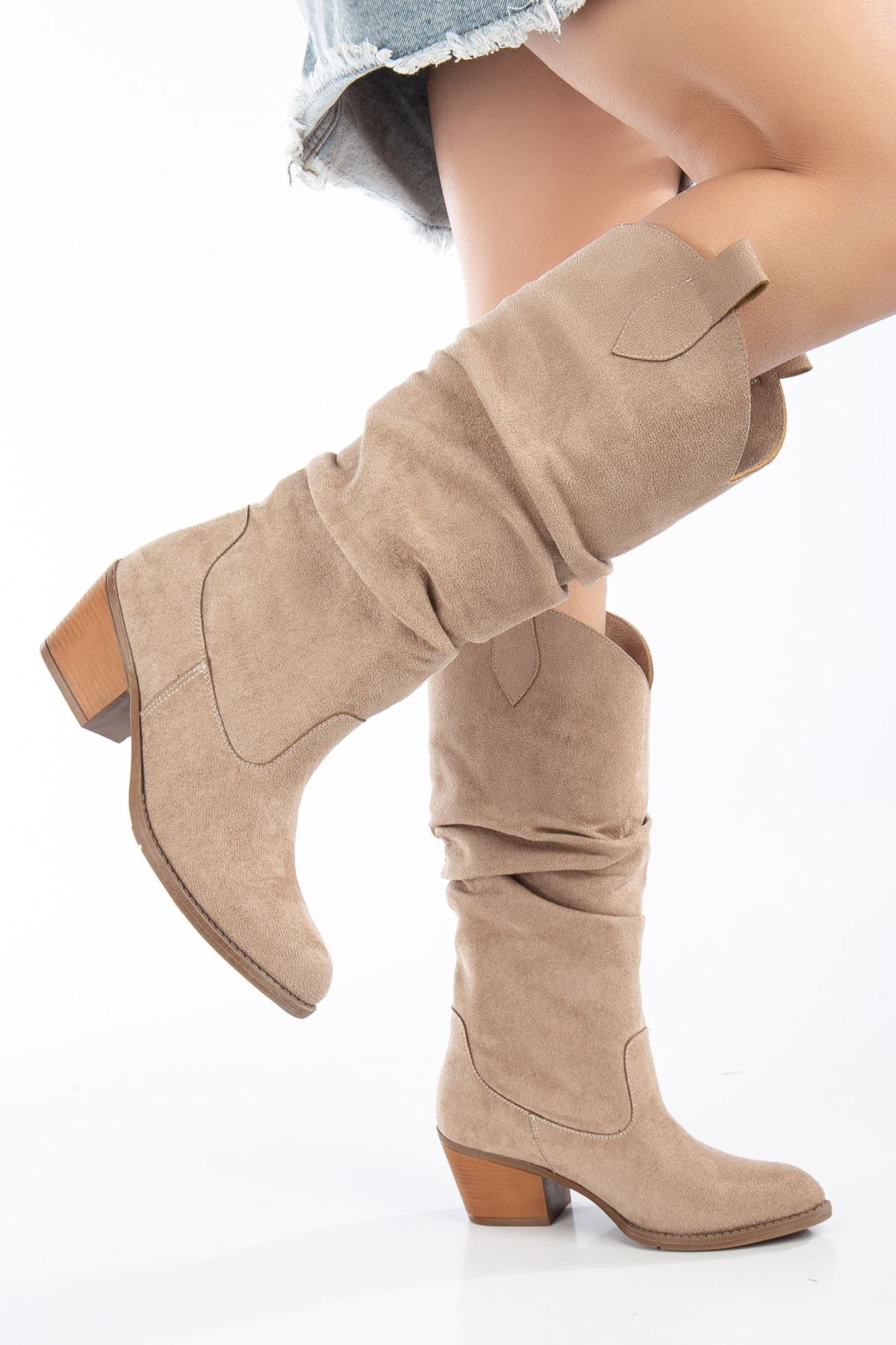 Rimaz Nude Süet Körüklü Topuklu Kadın Çizme 