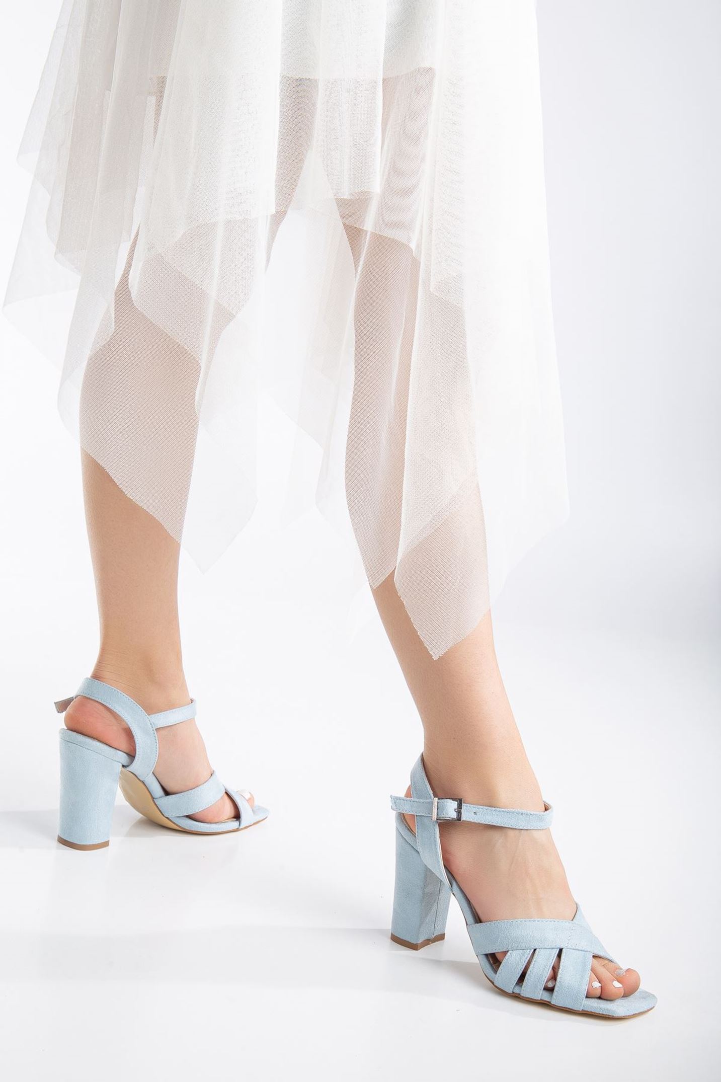 Hope Yüksek Topuklu Bebe Mavisi Süet Küt Burun Kadın Ayakkabı