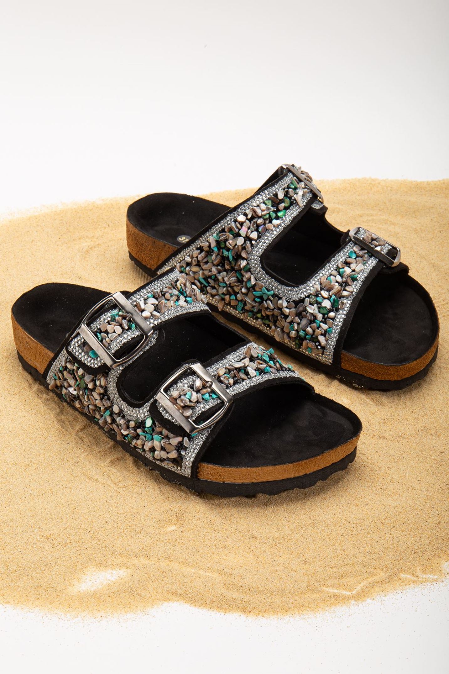 Beti Siyah Süet Çift Bantlı Terlik