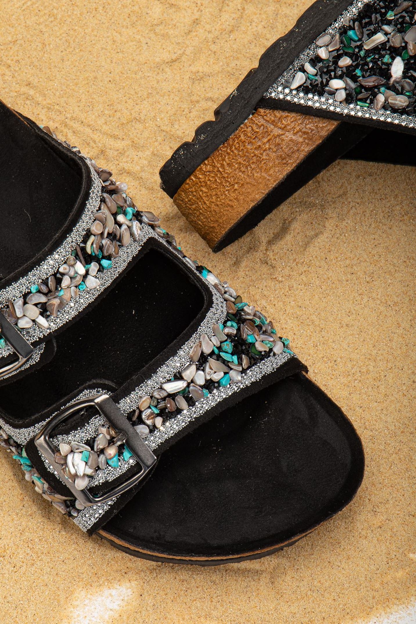 Beti Siyah Süet Çift Bantlı Terlik