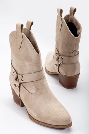 Fate Kadın Bej Süet Termo Taban Sivri Burunlu Western Kovboy Bot