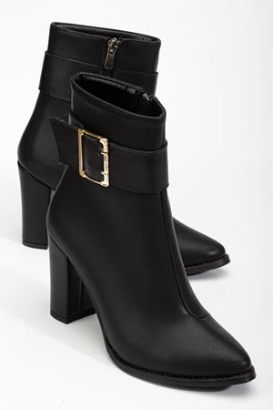 Anna Eva Siyah Cilt Sivri Burunlu Fermuarlı Kalın Topuklu Bot