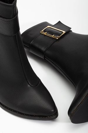 Anna Eva Siyah Cilt Sivri Burunlu Fermuarlı Kalın Topuklu Bot