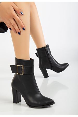 Anna Eva Siyah Cilt Sivri Burunlu Fermuarlı Kalın Topuklu Bot
