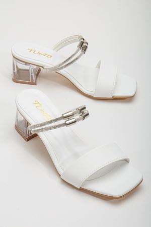 Lissen Bej Tek Bantlı Taşlı Cilt Alçak Topuklu Ayakkabı