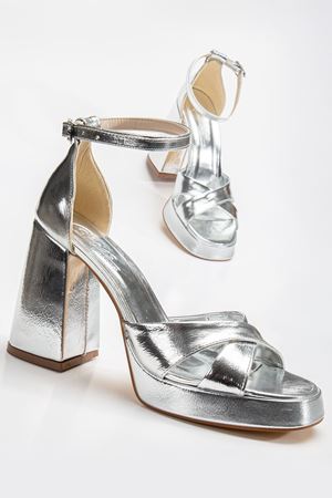 Pekin Gümüş Cilt Platformlu Açık Burunlu Kalın Topuklu Ayakkabı 