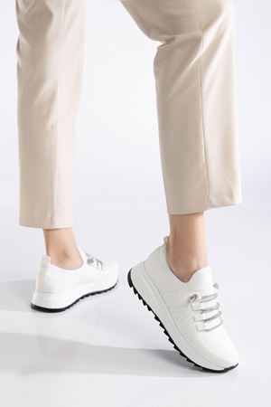 Paris Beyaz Triko Bağcıklı Taşlı Rahat Kalıp Sneaker