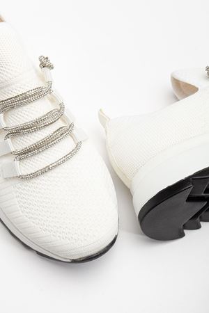 Paris Beyaz Triko Bağcıklı Taşlı Rahat Kalıp Sneaker