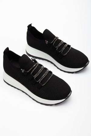 Paris Siyah Triko Bağcıklı Taşlı Rahat Kalıp Sneaker 