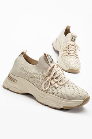 Edwin Bej Triko Bağcıklı Yüksek Topuk Rahat Kalıp Sneaker 