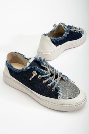 Neva Taşlı Düz Taban Kadın Lacivert Kot Sneakers