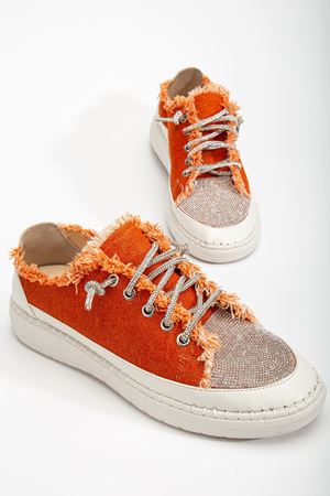 Neva Taşlı Düz Taban Kadın Turuncu Kot Sneakers