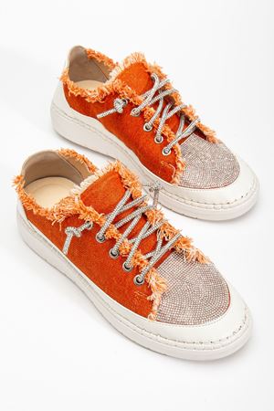 Neva Taşlı Düz Taban Kadın Turuncu Kot Sneakers