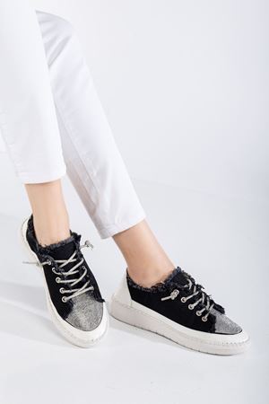Neva Taşlı Düz Taban Kadın Siyah Kot Sneakers