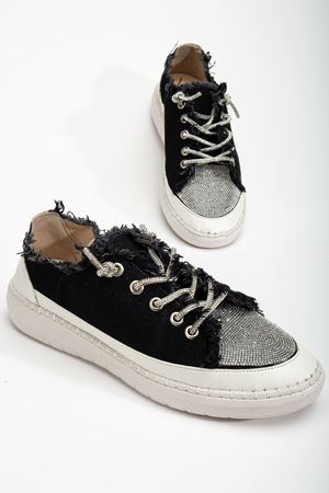 Neva Taşlı Düz Taban Kadın Siyah Kot Sneakers